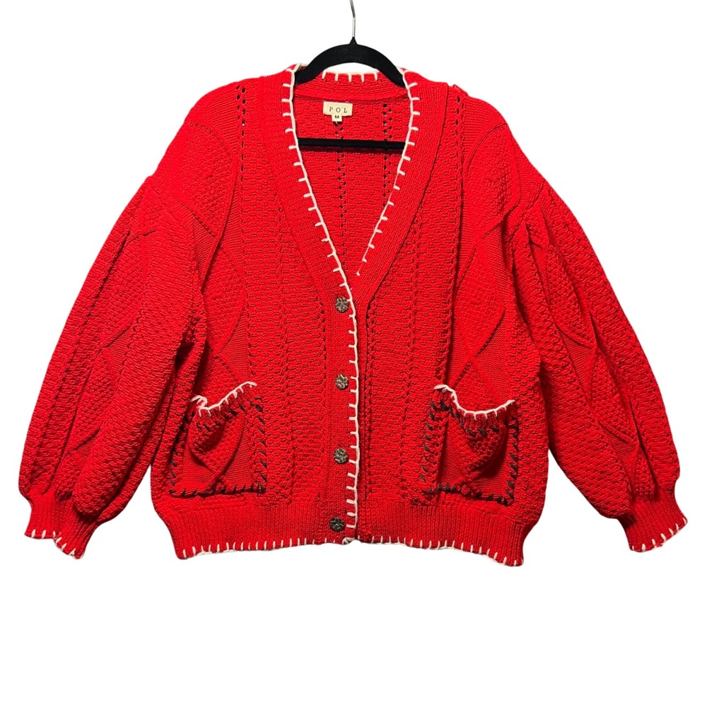 POL Red Cable Knit Cardigan M Oversized Chunky Button Front Boho Sweater - Picture 1 of 9